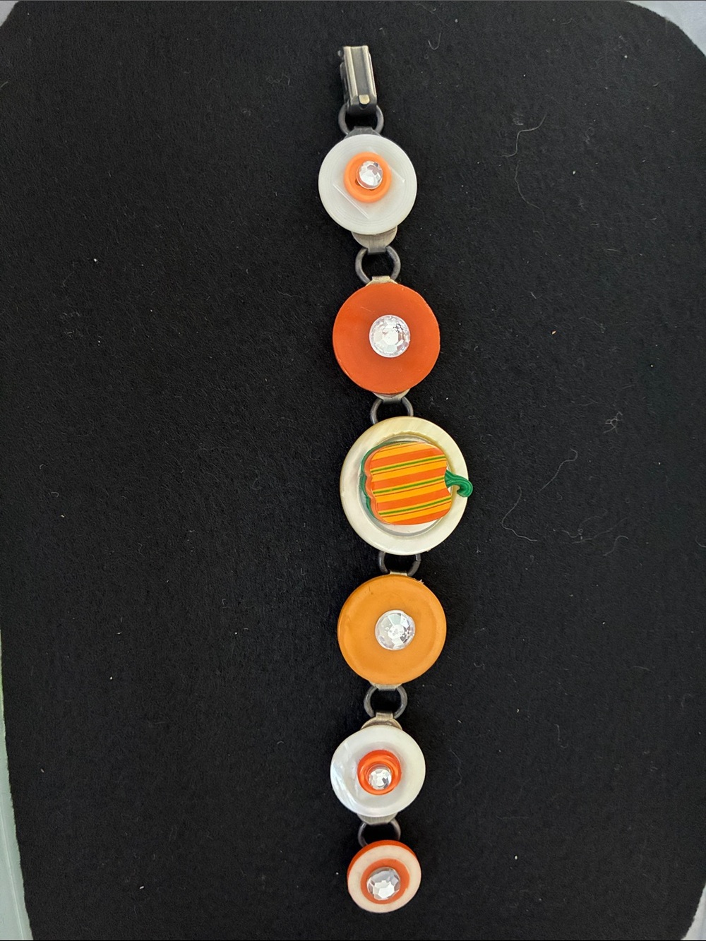 Pumpkin Orange & White Button Charm Bracelet with Crystal Accents